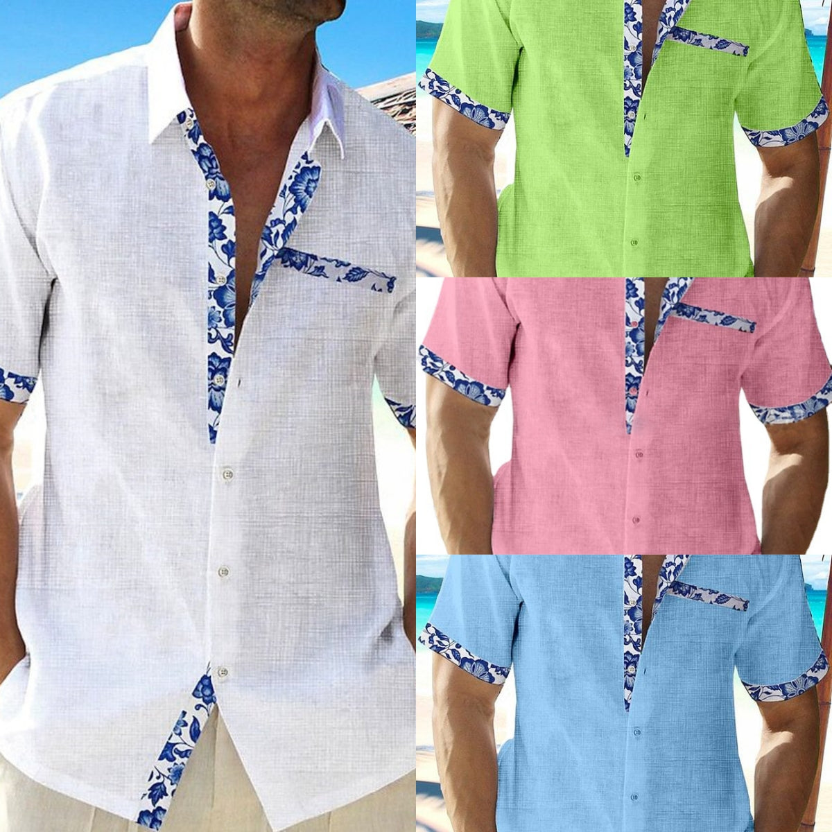 Chemise "Riviera-Floral" – Manches Courtes, Texture Lin & Détails Imprimés