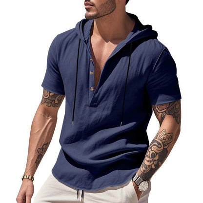 Chemise Henley "Breeze-Hood" – Lin Respirant, Manches Courtes & Capuche Ajustabl