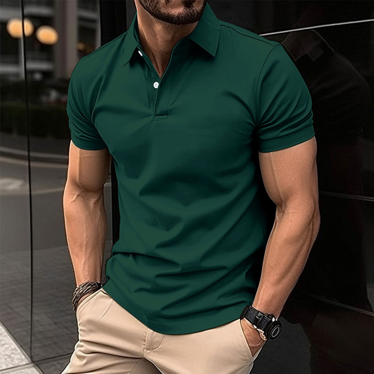 Polo d'été à manches courtes pour hommes avec Bouton de couleur unie Haut à boutons à revers