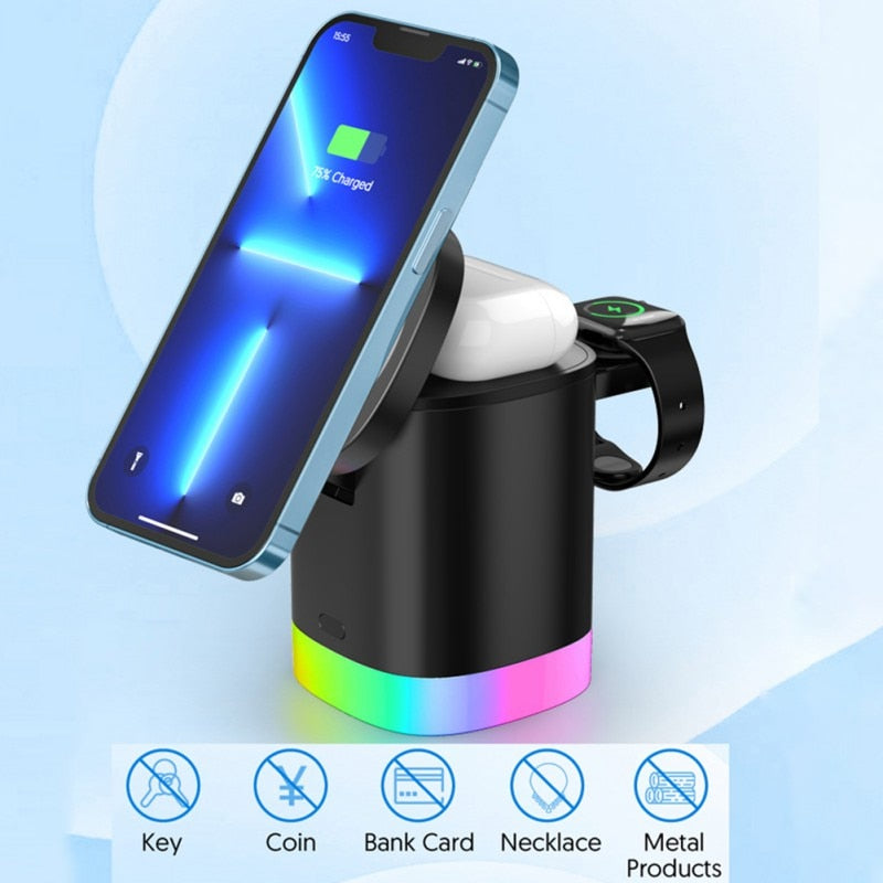 Chargeur rapide sans fil magnétique 3 en 1 pour téléphone intelligent Station de charge de lumière ambiante RVB pour Airpods IWatch