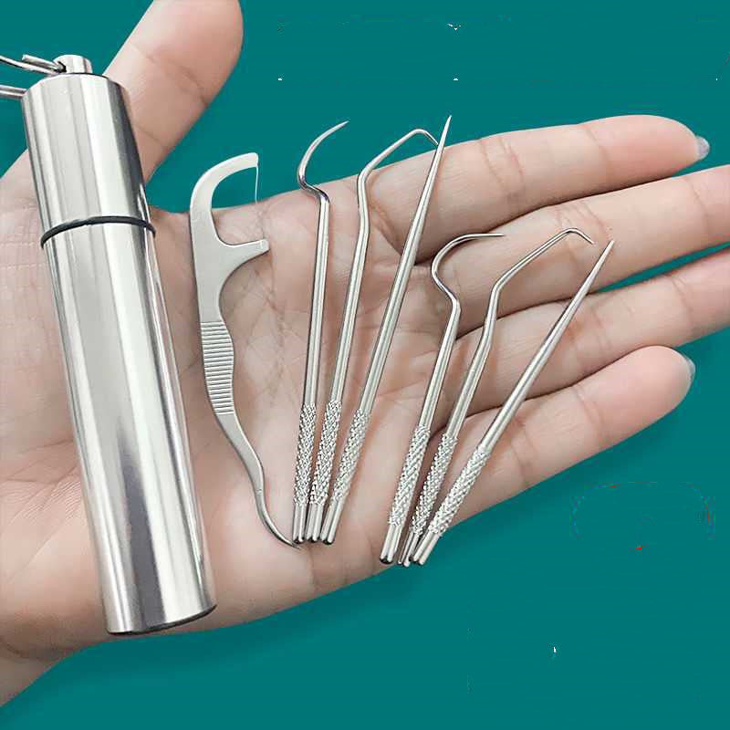 Kit d'Hygiène Dentaire "Elite-Clean" – 7 Cure-Dents en Acier Inoxydable 304 & Étui de Transport