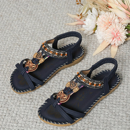 Sandales "Flora-Boho" – Chaussures de Plage Plates avec Ornements Floraux