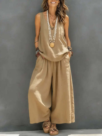 Débardeur décontracté sans manches de couleur unie pour femmes et pantalon à lambes larges Ensemble en lin de coton pour vêtements de tous les jours Tenue de vacances