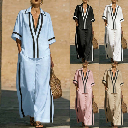 Ensemble "City-Chic" – Duo Haut Color-Block & Pantalon Palazzo à Jambes Larges