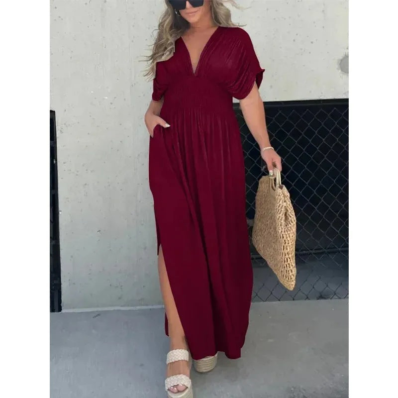 Robe Maxi "Manhattan-Flow" – Manches Chauve-souris, Col en V & Taille Élastique