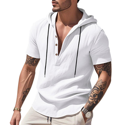 Chemise Henley "Breeze-Hood" – Lin Respirant, Manches Courtes & Capuche Ajustabl