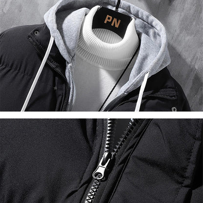 Veste à capuche de mode Hommes Hiver Coupe-vent épaissi faux manteau deux pièces Solide Loisirs Sports Veste en coton