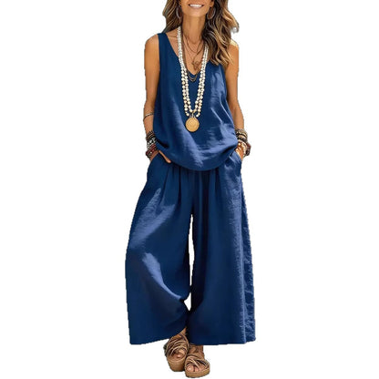 Débardeur décontracté sans manches de couleur unie pour femmes et pantalon à lambes larges Ensemble en lin de coton pour vêtements de tous les jours Tenue de vacances