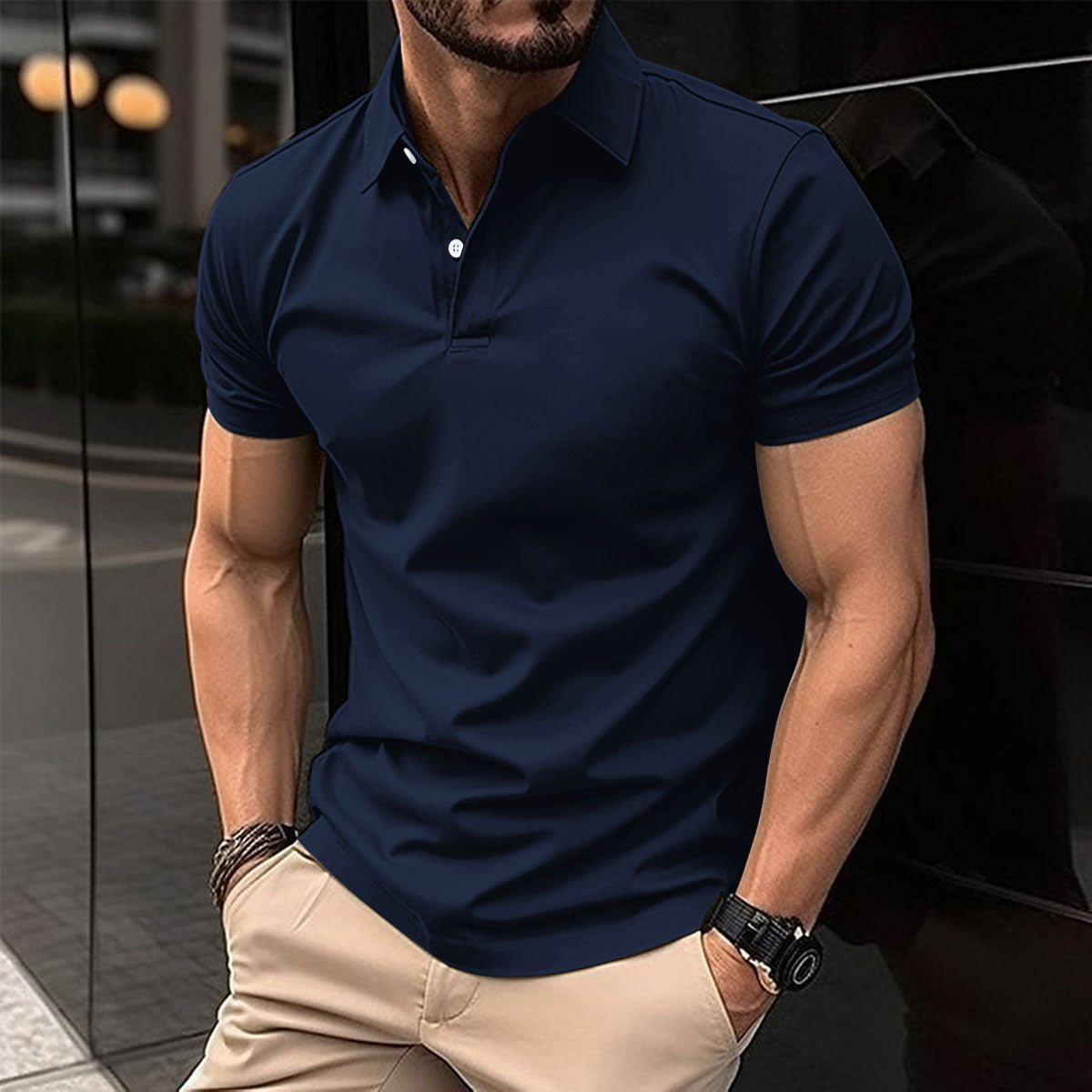 Polo d'été à manches courtes pour hommes avec Bouton de couleur unie Haut à boutons à revers