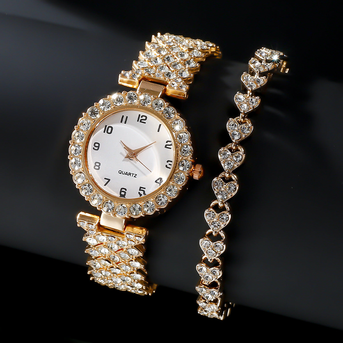 Ensemble "Luxury-Glow" – Montre Bijou à Quartz & Bracelet Cœurs Sertis de Cristaux