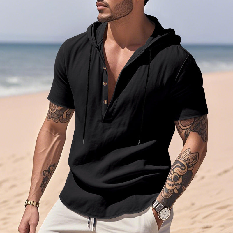 Chemise Henley "Breeze-Hood" – Lin Respirant, Manches Courtes & Capuche Ajustabl