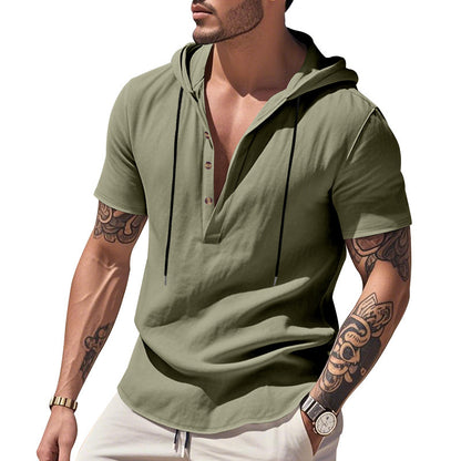 Chemise Henley "Breeze-Hood" – Lin Respirant, Manches Courtes & Capuche Ajustabl
