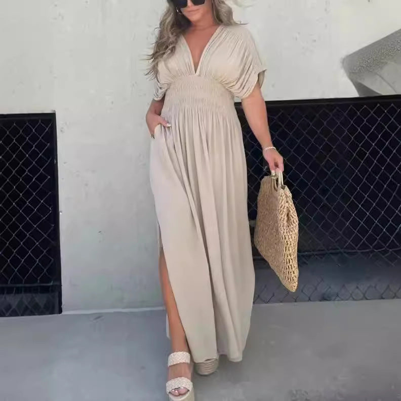 Robe Maxi "Manhattan-Flow" – Manches Chauve-souris, Col en V & Taille Élastique