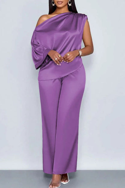 transfrontalier été décontracté Costume en satin pour femmes Col incliné Ensemble de pantalons à manches courtes