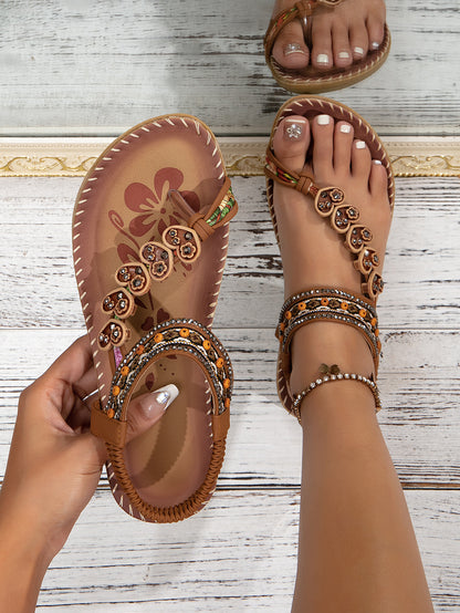 Sandales "Flora-Boho" – Chaussures de Plage Plates avec Ornements Floraux