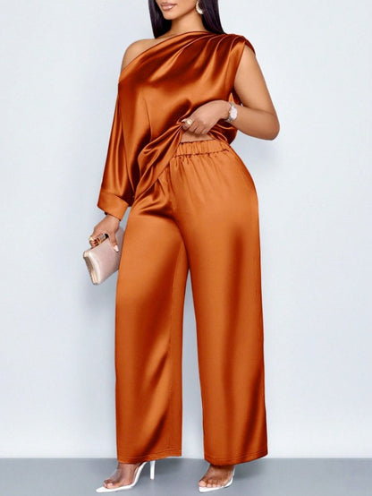 transfrontalier été décontracté Costume en satin pour femmes Col incliné Ensemble de pantalons à manches courtes