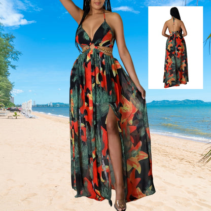 Robe "Flora-Chain" – Coupe Évasée, Dos Nu & Découpes Latérales avec Détail Chaîne
L'élégance florale sublimée par une touche d'audace
