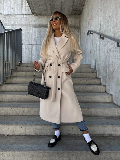 Manteau "Élégance Royale" – Coupe Longue ceinturée à Double Boutonnage