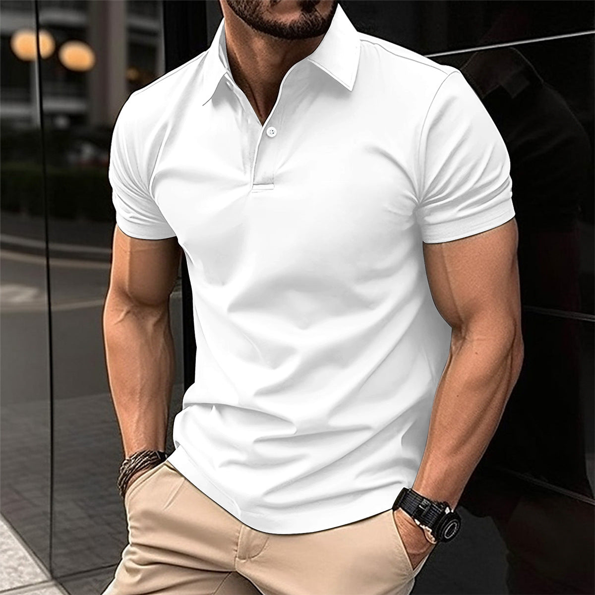 Polo d'été à manches courtes pour hommes avec Bouton de couleur unie Haut à boutons à revers